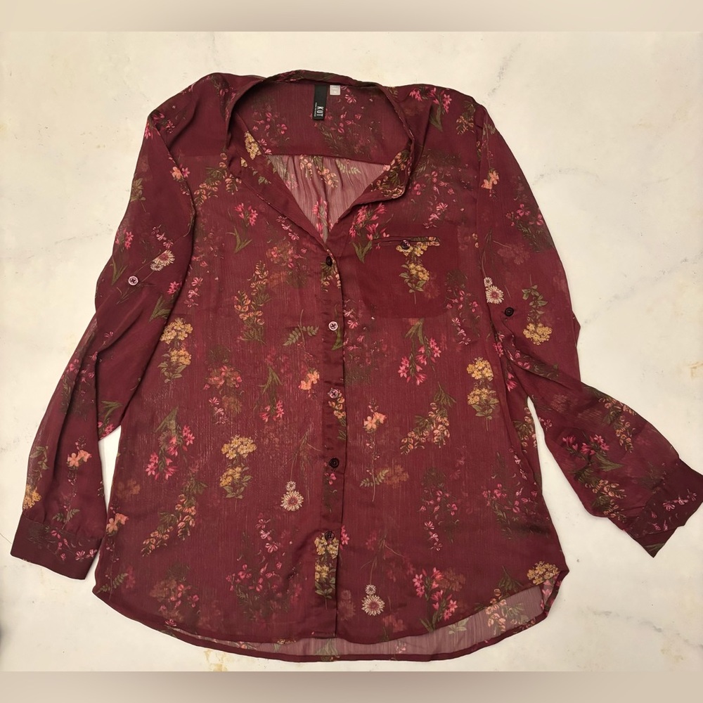 Kut women’s sheer button up floral top.
